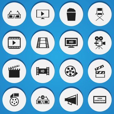 16 düzenlenebilir film simgeler kümesi. Reel, Klaket, film oynatıcı ve daha fazlası gibi simgeler içerir. Web, mobil, UI ve Infographic tasarımı için kullanılabilir.