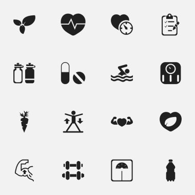 16 düzenlenebilir eğitim simgeler kümesi. Ağırlık ölçümü, kalp atışı, spor su ve daha fazlası gibi simgeler içerir. Web, mobil, UI ve Infographic tasarımı için kullanılabilir.