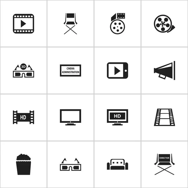 "Set Of 16 Editable Movie Icons". Включает в себя такие символы, как Hd экран, театральное агентство, съемки сиденья и многое другое. Can be used for Web, Mobile, UI and Infographic Design . — стоковый вектор