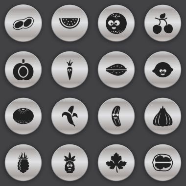 16 düzenlenebilir tencere simgeler kümesi. Tropikal meyve, limon ve ceviz gibi simgeler içerir. Web, mobil, UI ve Infographic tasarımı için kullanılabilir.