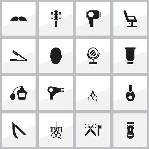 Conjunto de 16 ícones editáveis Coiffeur. Inclui símbolos como conjunto de cabeleireiro, cadeira de cotovelo, barbear e muito mais. Pode ser usado para Web, Mobile, UI e design infográfico . — Vetor de Stock