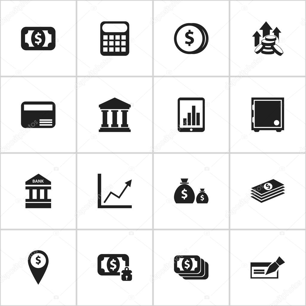 Set Of 16 Editable Banking Icons. Includes Symbols Such As Specie, Money-Guard, To Deposit Money And More. Can Be Used For Web, Mobile, UI And Infographic Design.