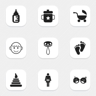 9 düzenlenebilir çocuk simgeler kümesi. Çıngırak, Goplet, bebek arabası ve daha fazlası gibi simgeler içerir. Web, mobil, UI ve Infographic tasarımı için kullanılabilir.