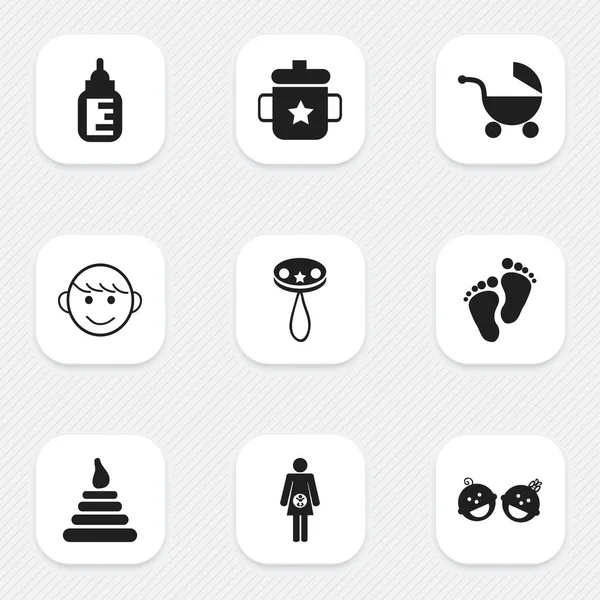 Набір з 9 для редагування дитини іконок. Включає в себе символи, такі як тріскачка, Goplet, коляски та багато іншого. Може використовуватися для веб, мобільні, призначеного для користувача інтерфейсу і інфографіки дизайн. — стоковий вектор