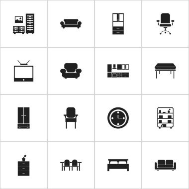 16 düzenlenebilir ev simgeler kümesi. Davenport, kanepe, gibi mobilyalar ve daha fazla yemek simgeler içerir. Web, mobil, UI ve Infographic tasarımı için kullanılabilir.