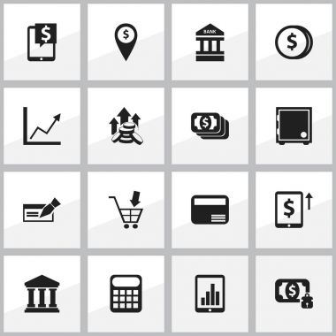 16 düzenlenebilir finansal simgeler kümesi. Paralar yükseltmek yapı, Satım Merkezi ve daha fazlası gibi simgeleri içerir. Web, mobil, UI ve Infographic tasarımı için kullanılabilir.