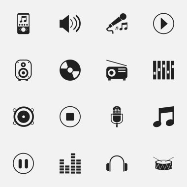 16 düzenlenebilir Mp3 simgeler kümesi. Snare, disk, kulaklık ve daha fazlası gibi simgeler içerir. Web, mobil, UI ve Infographic tasarımı için kullanılabilir.