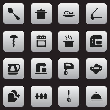 16 düzenlenebilir gıda simgeler kümesi. Şarap açacağı, yumurta kartonu, et ve daha fazlası gibi simgeler içerir. Web, mobil, UI ve Infographic tasarımı için kullanılabilir.