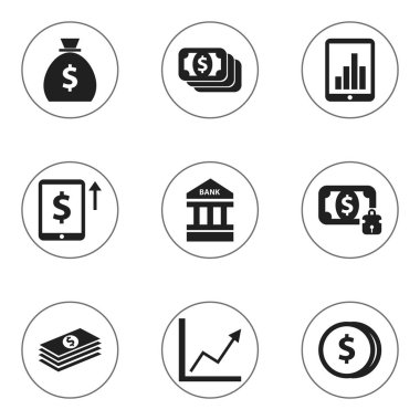 9 düzenlenebilir bankacılık simgeler kümesi. Diyagramı, maaş, Holdall ve daha fazlası gibi simgeler içerir. Web, mobil, UI ve Infographic tasarımı için kullanılabilir.