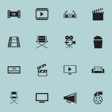 16 düzenlenebilir sinema simgeler kümesi. Hoparlör, sinema Snack, Reel ve daha fazlası gibi simgeler içerir. Web, mobil, UI ve Infographic tasarımı için kullanılabilir.