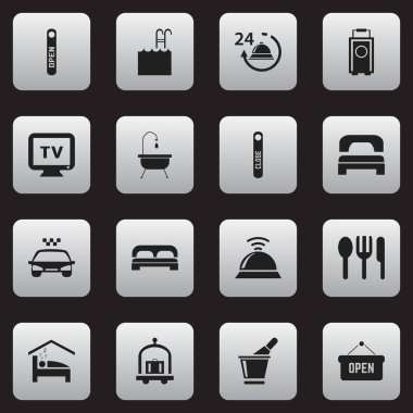 16 düzenlenebilir simgeler kümesi. Yatak Odası, kapı kapalı gibi restoran ve daha fazla simgeleri içerir. Web, mobil, UI ve Infographic tasarımı için kullanılabilir.