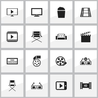 16 düzenlenebilir sinema simgeler kümesi. Film gözlük, tiyatro ajansı, koltuk ve daha fazla çekim gibi simgeler içerir. Web, mobil, UI ve Infographic tasarımı için kullanılabilir.