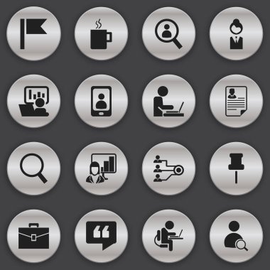 16 düzenlenebilir Bürosu simgeler kümesi. İş kadını, bilgisayar, portföy ve daha fazla çalışan kişi gibi simgeler içerir. Web, mobil, UI ve Infographic tasarımı için kullanılabilir.