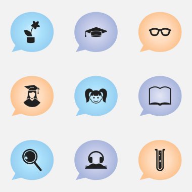 9 düzenlenebilir mezuniyet simgeler kümesi. Mezunu, kitap, kızı ve daha fazlası gibi simgeler içerir. Web, mobil, UI ve Infographic tasarımı için kullanılabilir.