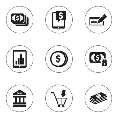 9 düzenlenebilir finansal simgeler kümesi. Para, para-Guard, banka yer ve daha fazla yatırmak gibi simgeler içerir. Web, mobil, UI ve Infographic tasarımı için kullanılabilir.