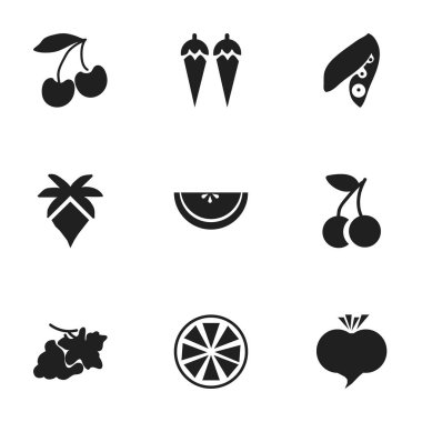 9 düzenlenebilir tatlı simgeler kümesi. Kavun, limon, turp ve daha fazlası gibi simgeler içerir. Web, mobil, UI ve Infographic tasarımı için kullanılabilir.