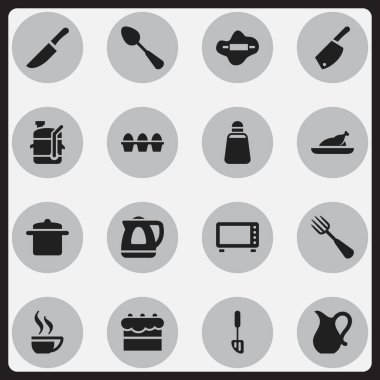 16 düzenlenebilir yemek simgeler kümesi. Sıkacağı, hamur, çaydanlık cihaz ve daha fazlası gibi simgeler içerir. Web, mobil, UI ve Infographic tasarımı için kullanılabilir.