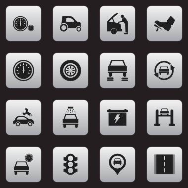 16 düzenlenebilir araç simgeler kümesi. Otomobil, pil, lastik ve daha fazlası gibi simgeler içerir. Web, mobil, UI ve Infographic tasarımı için kullanılabilir.