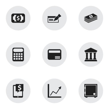 9 düzenlenebilir bankacılık simgeler kümesi. Para kartı, sandık, para birimi ve daha fazlası gibi simgeler içerir. Web, mobil, UI ve Infographic tasarımı için kullanılabilir.