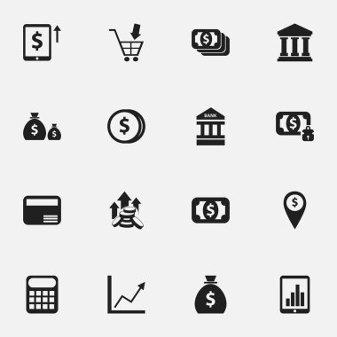 16 düzenlenebilir yatırım simgeler kümesi. Para, para birimi ve hesaplama makinesi gibi sembolleri içerir. Web, mobil, UI ve Infographic tasarımı için kullanılabilir.
