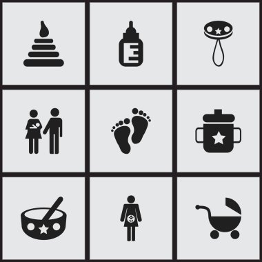 9 düzenlenebilir çocuk simgeler kümesi. Footmark, kule, bebek arabası ve daha fazlası gibi simgeler içerir. Web, mobil, UI ve Infographic tasarımı için kullanılabilir.