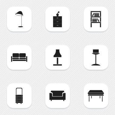 9 düzenlenebilir iç simgeler kümesi. Kanepe, Bookrack, Aydınlanma ve daha fazlası gibi simgeler içerir. Web, mobil, UI ve Infographic tasarımı için kullanılabilir.