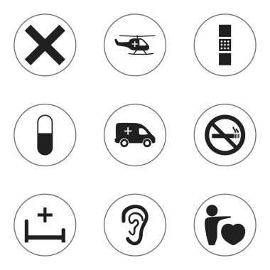 9 düzenlenebilir sağlık simgeler kümesi. Yara bandı, uyuşturucu, acil durum simgeleri içerir. Web, mobil, UI ve Infographic tasarımı için kullanılabilir.