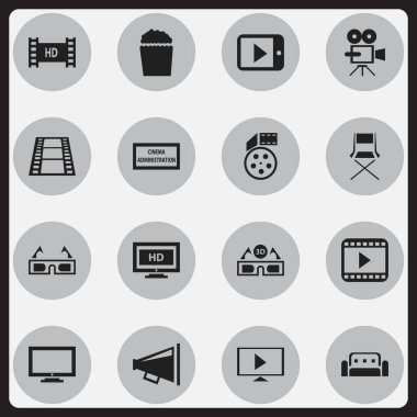 16 düzenlenebilir sinema simgeler kümesi. Hd ekran, sandalye, Film gözlük ve daha fazlası gibi simgeler içerir. Web, mobil, UI ve Infographic tasarımı için kullanılabilir.