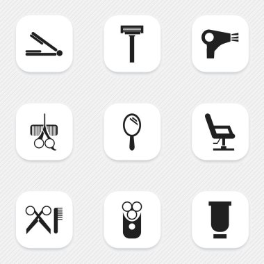 9 düzenlenebilir Kuaför simgeler kümesi. Kuaför Set, dirsek sandalye, kesici alet ve daha fazlası gibi simgeler içerir. Web, mobil, UI ve Infographic tasarımı için kullanılabilir.