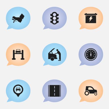 9 düzenlenebilir araba simgeler kümesi. Araç Araba, ayak ve trafik ışığı gibi simgeler içerir. Web, mobil, UI ve Infographic tasarımı için kullanılabilir.