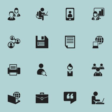 16 düzenlenebilir Office simgeler kümesi. Telefon, çalışan, bilgisayar ve daha fazla çalışan kişi gibi simgeler içerir. Web, mobil, UI ve Infographic tasarımı için kullanılabilir.