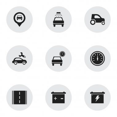 9 düzenlenebilir araba simgeler kümesi. Otomobil, işaretçi, hız kontrolü ve daha fazlası gibi simgeler içerir. Web, mobil, UI ve Infographic tasarımı için kullanılabilir.