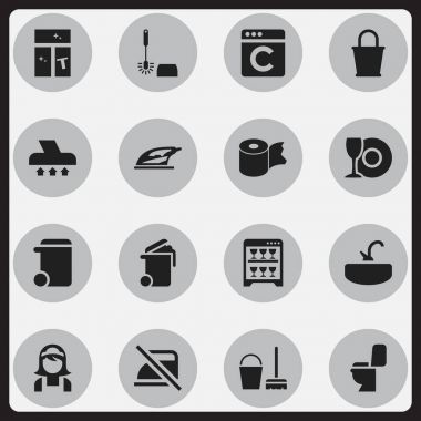 16 düzenlenebilir temizlik simgeler kümesi. Konteyner, bulaşık makinesi ve tuvalet gibi simgeler içerir. Web, mobil, UI ve Infographic tasarımı için kullanılabilir.