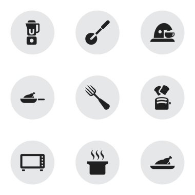 9 düzenlenebilir yemek simgeler kümesi. Çorba kazanı, gümüş ve ızgara gibi simgeler içerir. Web, mobil, UI ve Infographic tasarımı için kullanılabilir.