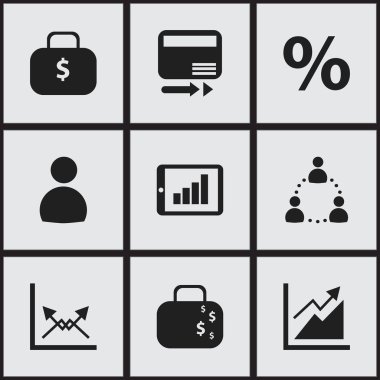 9 düzenlenebilir mantıksal simgeler kümesi. Para çantası, kullanıcı, çubuk grafik ve daha fazlası gibi simgeler içerir. Web, mobil, UI ve Infographic tasarımı için kullanılabilir.