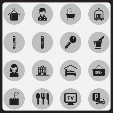 16 düzenlenebilir Motel simgeler kümesi. Otomatik Stand, çalışan, açık işareti gibi simgeler içerir. Web, mobil, UI ve Infographic tasarımı için kullanılabilir.