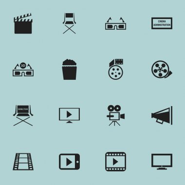 16 düzenlenebilir film simgeler kümesi. Sandalye, film oynatıcı, başlangıç Video ve daha fazlası gibi simgeler içerir. Web, mobil, UI ve Infographic tasarımı için kullanılabilir.