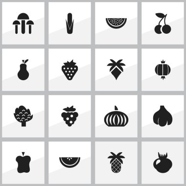 16 düzenlenebilir meyve simgeler kümesi. Mısır, sarımsak, kavun ve daha fazlası gibi simgeler içerir. Web, mobil, UI ve Infographic tasarımı için kullanılabilir.