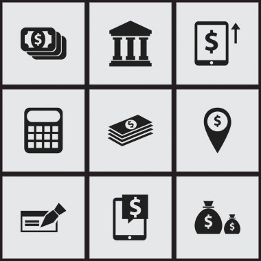 9 düzenlenebilir Finans simgeler kümesi. Banknot, dolar, yapı ve daha fazlası gibi simgeler içerir. Web, mobil, UI ve Infographic tasarımı için kullanılabilir.