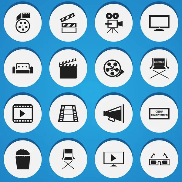 16 可编辑电影图标集。包括符号剧场机构、 电影院小吃、 监视器等。可用于 Web、 移动、 Ui 和数据图表设计. — 图库矢量图片