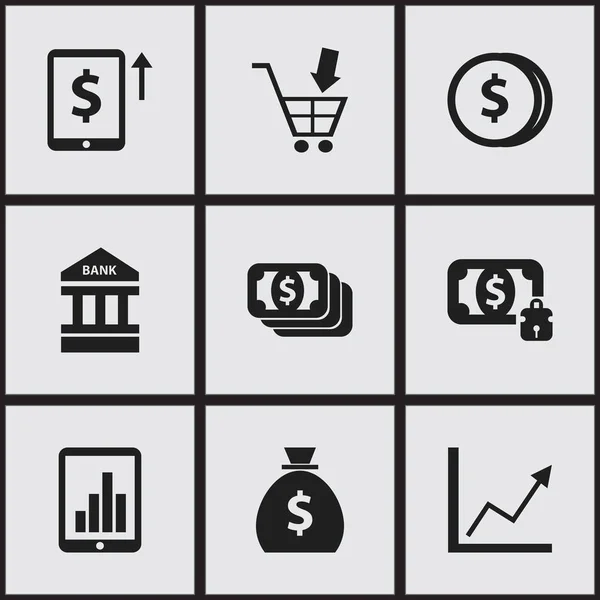 Набір з 9 значків відповідних фінансів. Включає в себе такі символи, як барний графік, покупки Pushcart, Бакс і багато іншого. Може використовуватися для веб, мобільного, інтерфейсу та інфографіки . — стоковий вектор