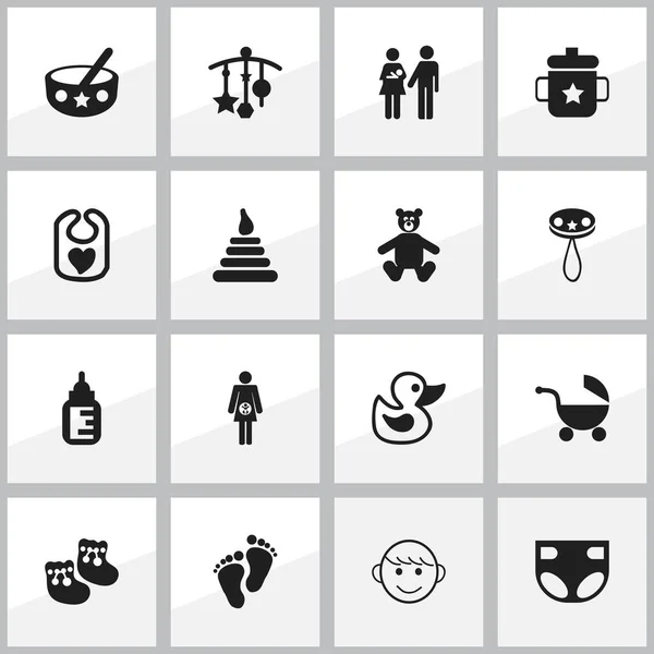 Set von 16 editierbaren Kindersymbolen. beinhaltet Symbole wie fröhliche Kinder, Windel, Fußabdrücke und mehr. kann für Web-, Mobil-, UI- und Infografik-Design verwendet werden. — Stockvektor