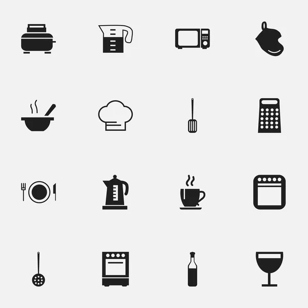 Набір з 16 значків для приготування їжі. Включає в себе такі символи, як миска, пиво, хвильова піч і багато іншого. Може використовуватися для веб, мобільного, інтерфейсу та інфографіки . — стоковий вектор