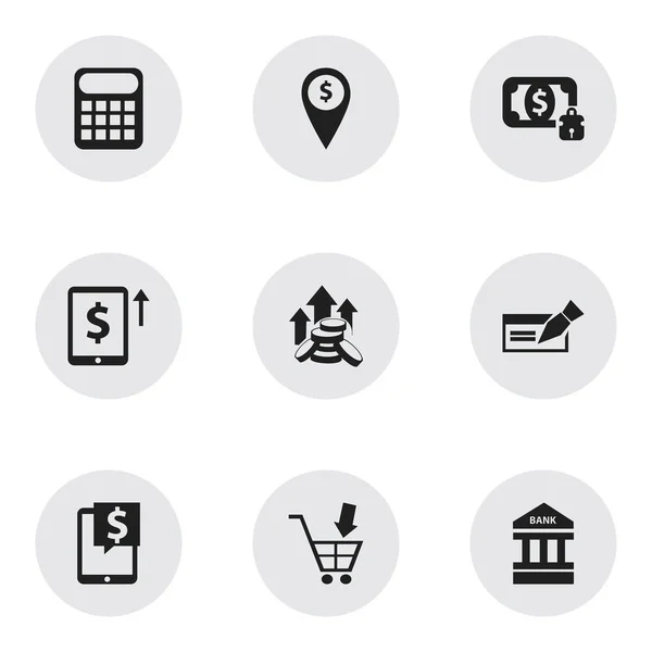 Sada 9 upravitelné Finance ikon. Obsahuje symboly, jako například mince zvýšit, umístění banky, bankovky a další. Lze použít pro webové, mobilní, Ui a infografika Design. — Stockový vektor