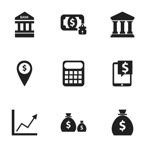 Sada 9 upravitelné finanční ikon. Obsahuje symboly, například Diagram, poklad, obaly na pruty a další. Lze použít pro webové, mobilní, Ui a infografika Design. — Stockový vektor