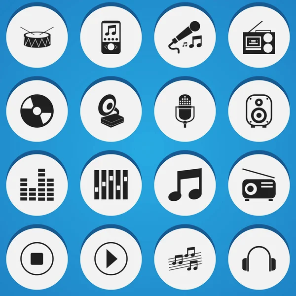 Set 16 bewerkbare geluidspictogrammen. Bevat symbolen zoals Karaoke, muzikale teken, Snare en meer. Kan worden gebruikt voor Web, Mobile, Ui en Infographic Design. — Stockvector