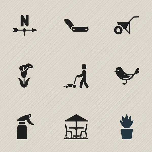 Set di 9 icone di piantagione modificabili. Include simboli come detergente per vetri, passero, sedile da giardino e altro ancora. Può essere utilizzato per la progettazione web, mobile, UI e infografica . — Vettoriale Stock