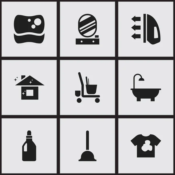 Set de 9 iconos de limpieza en seco editables. Incluye símbolos como herramienta de lavado, blusa sucia, carro de limpieza y más. Puede ser utilizado para el diseño de la tela, móvil, interfaz de usuario e infografía . — Vector de stock