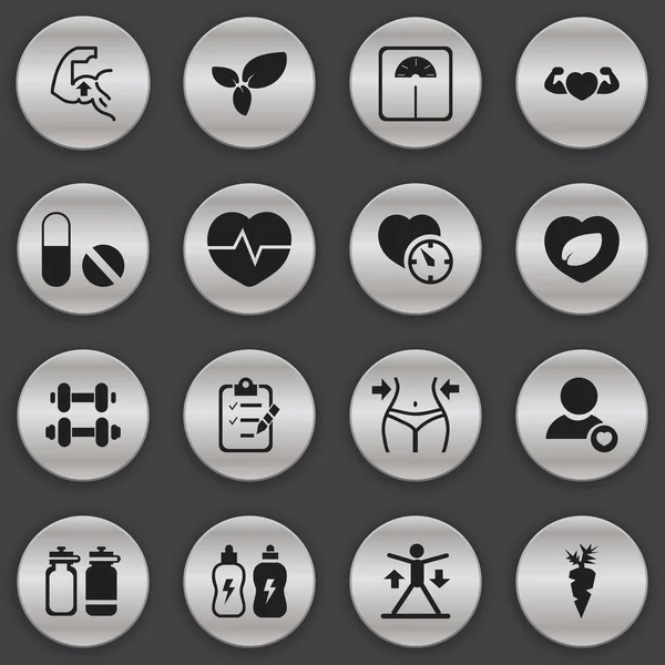Conjunto de 16 ícones esportivos editáveis. Inclui símbolos como planta, bebida energética, perfil e muito mais. Pode ser usado para Web, Mobile, UI e design infográfico . — Vetor de Stock