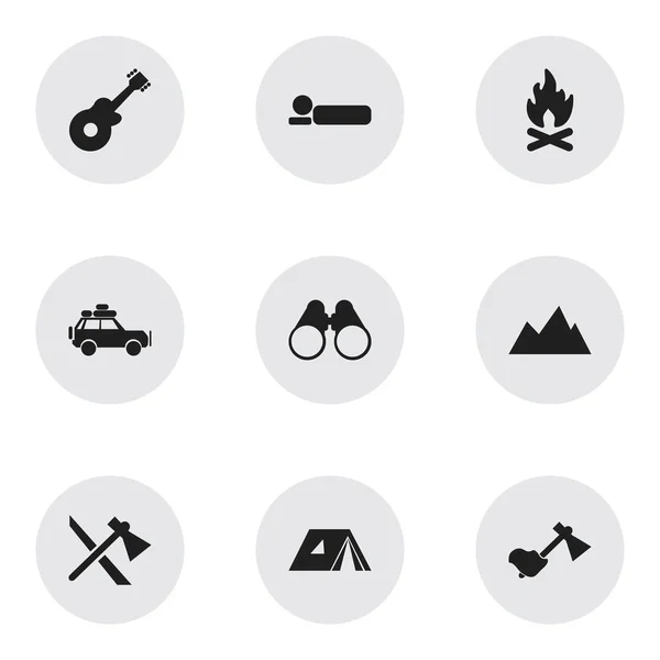 Set de 9 iconos de viaje editables. Incluye símbolos como refugio, gafas de campo, instrumento musical y más. Puede ser utilizado para el diseño de la tela, móvil, interfaz de usuario e infografía . — Vector de stock
